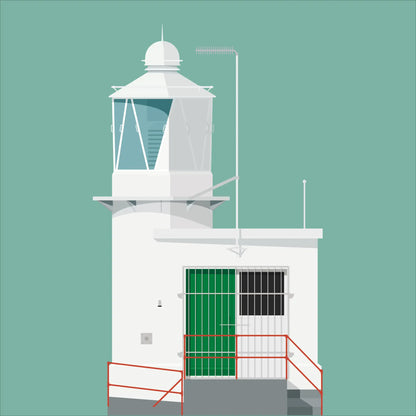 Contemporary graphic illustration of Sheeps Head lighthouse on a white background inside light blue square.