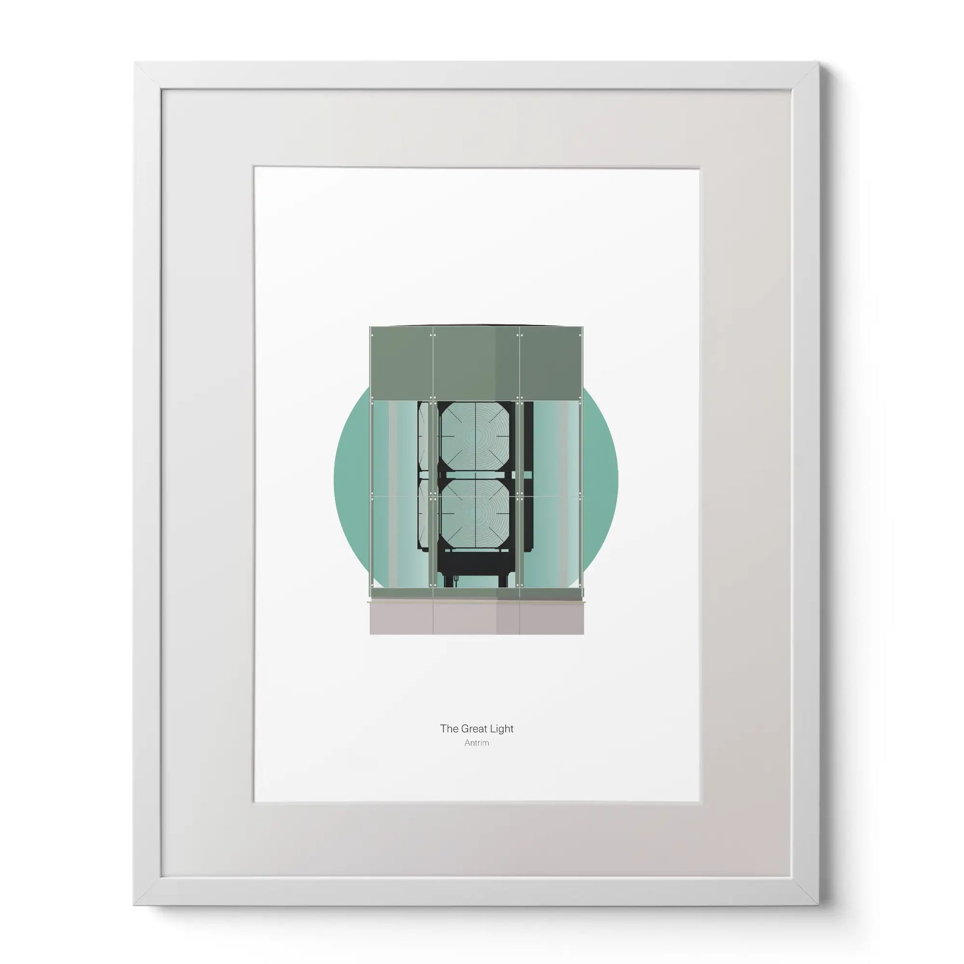 Contemporary art print of The Great Light lighthouse on a white background inside light blue square,  in a white frame measuring 40x50cm.