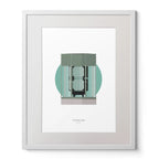 Contemporary art print of The Great Light lighthouse on a white background inside light blue square,  in a white frame measuring 40x50cm.