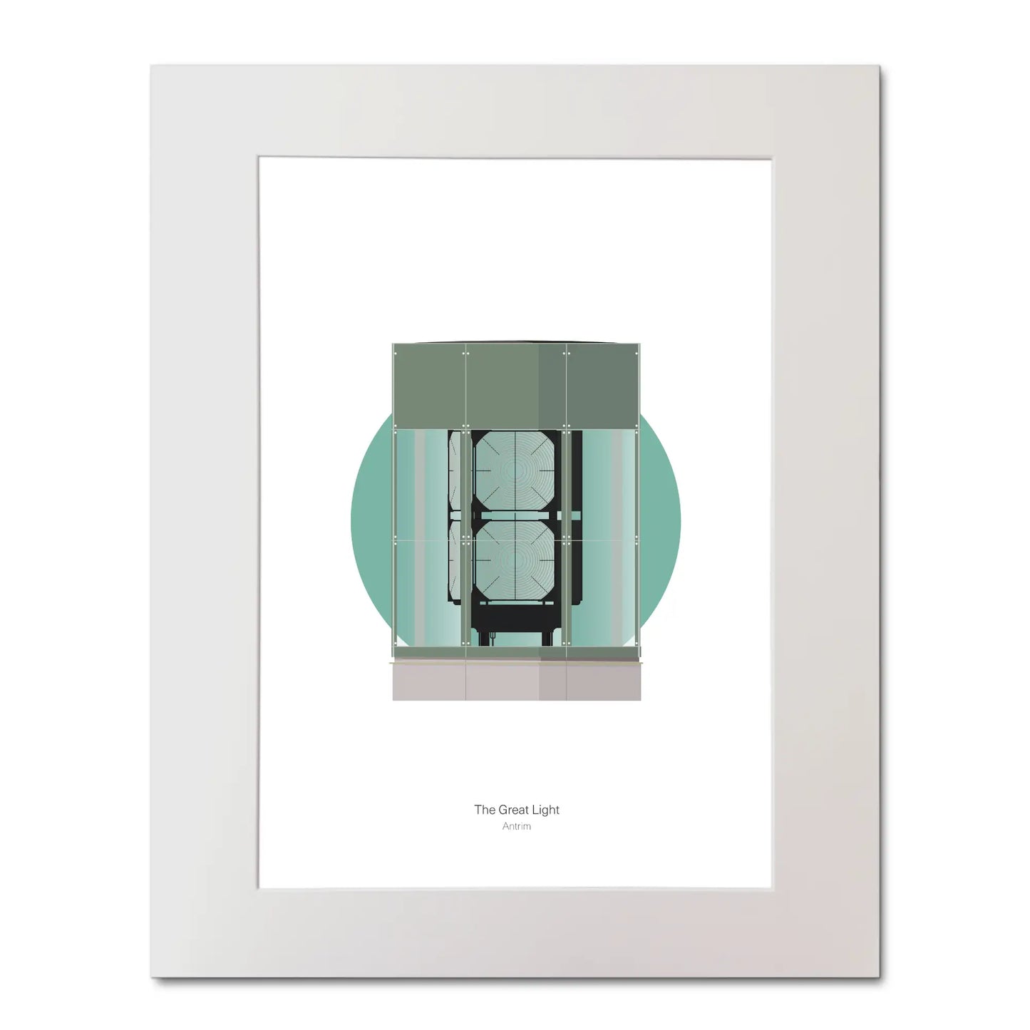 Contemporary illustration of The Great Light lighthouse on a white background inside light blue square, mounted and measuring 40x50cm.