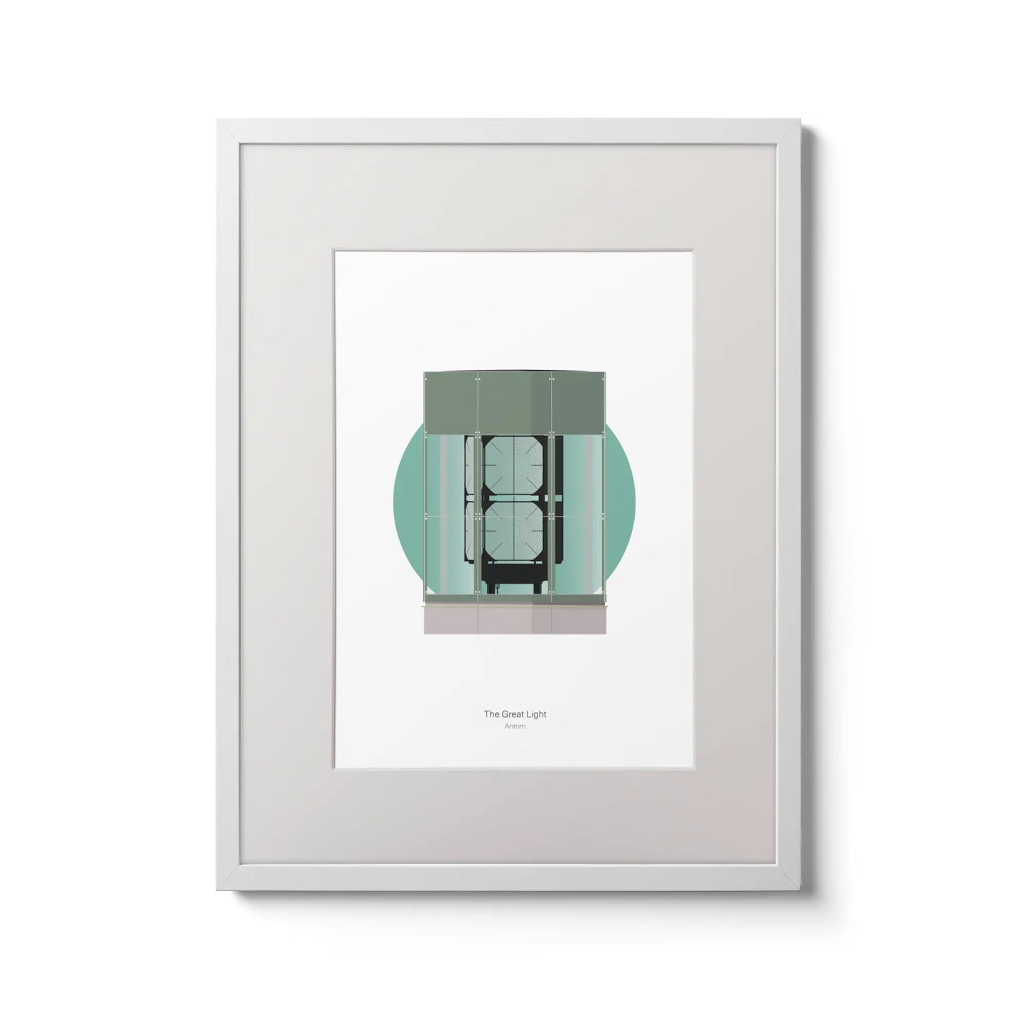 Contemporary wall art decor of The Great Light lighthouse on a white background inside light blue square,  in a white frame measuring 30x40cm.