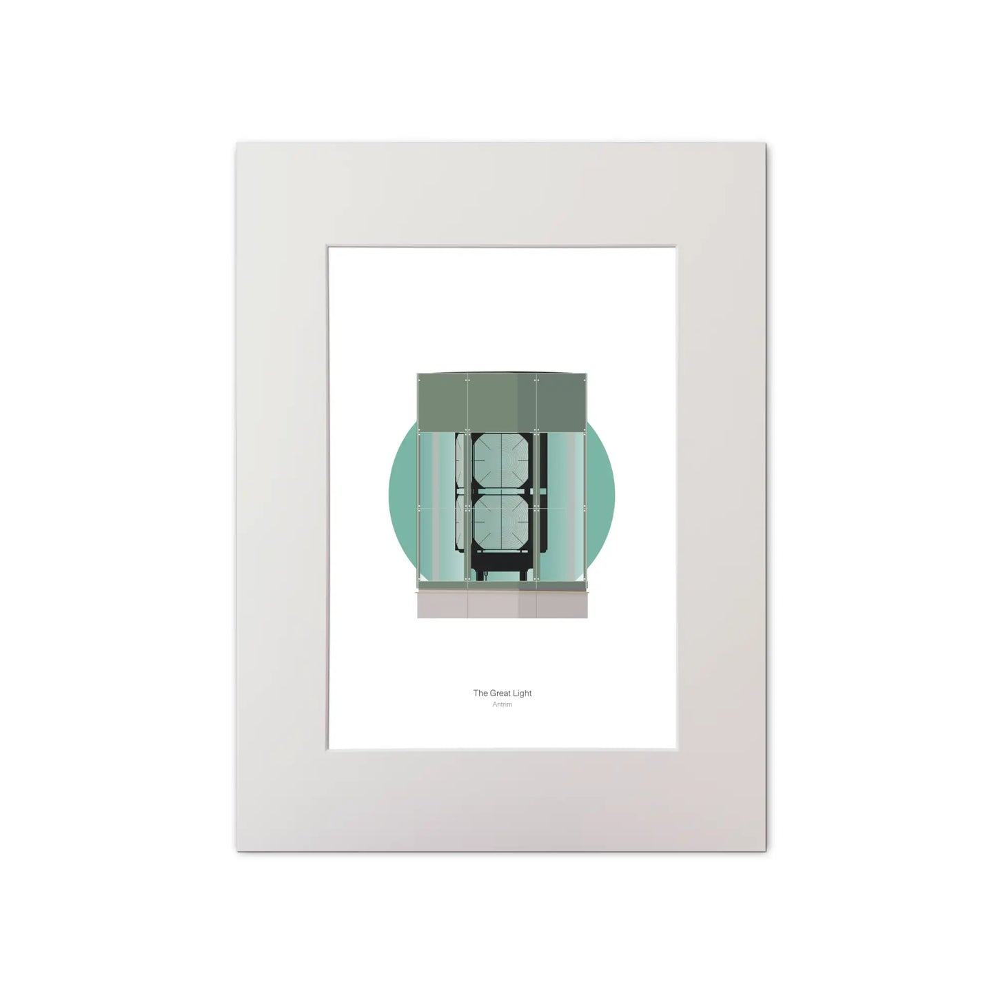 Contemporary graphic illustration of The Great Light lighthouse on a white background inside light blue square, mounted and measuring 30x40cm.