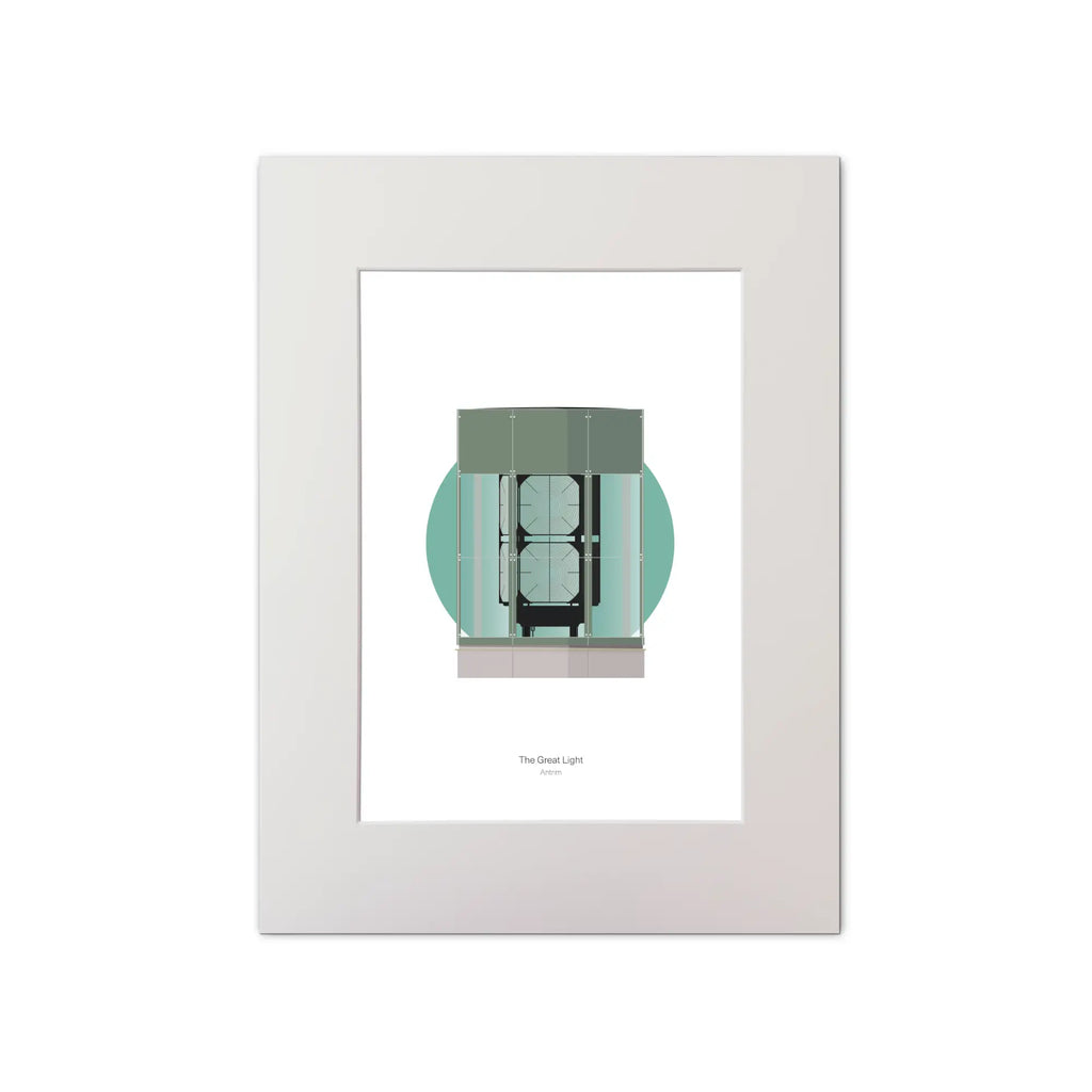 Contemporary graphic illustration of The Great Light lighthouse on a white background inside light blue square, mounted and measuring 30x40cm.