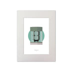 Contemporary graphic illustration of The Great Light lighthouse on a white background inside light blue square, mounted and measuring 30x40cm.