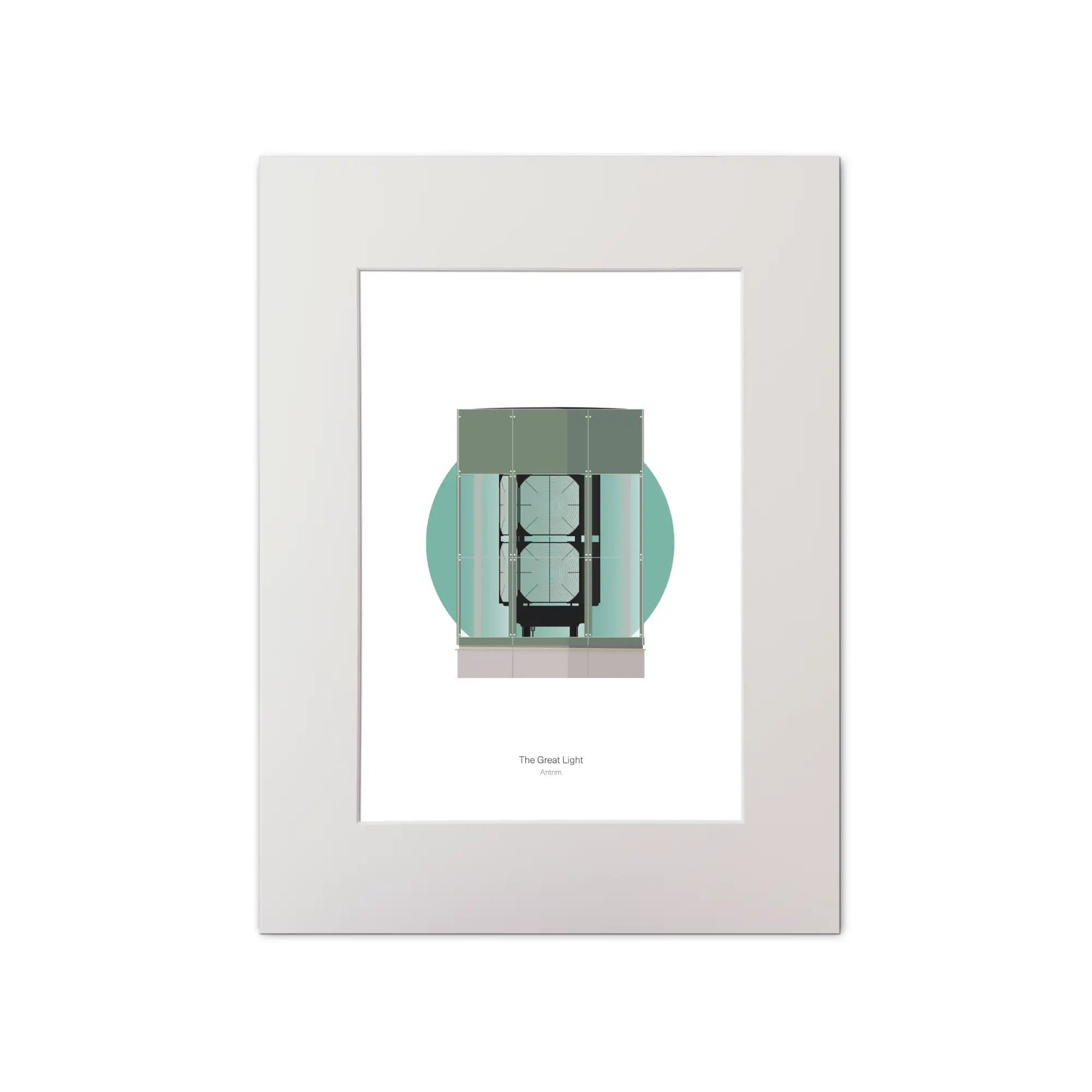 Contemporary graphic illustration of The Great Light lighthouse on a white background inside light blue square, mounted and measuring 30x40cm.
