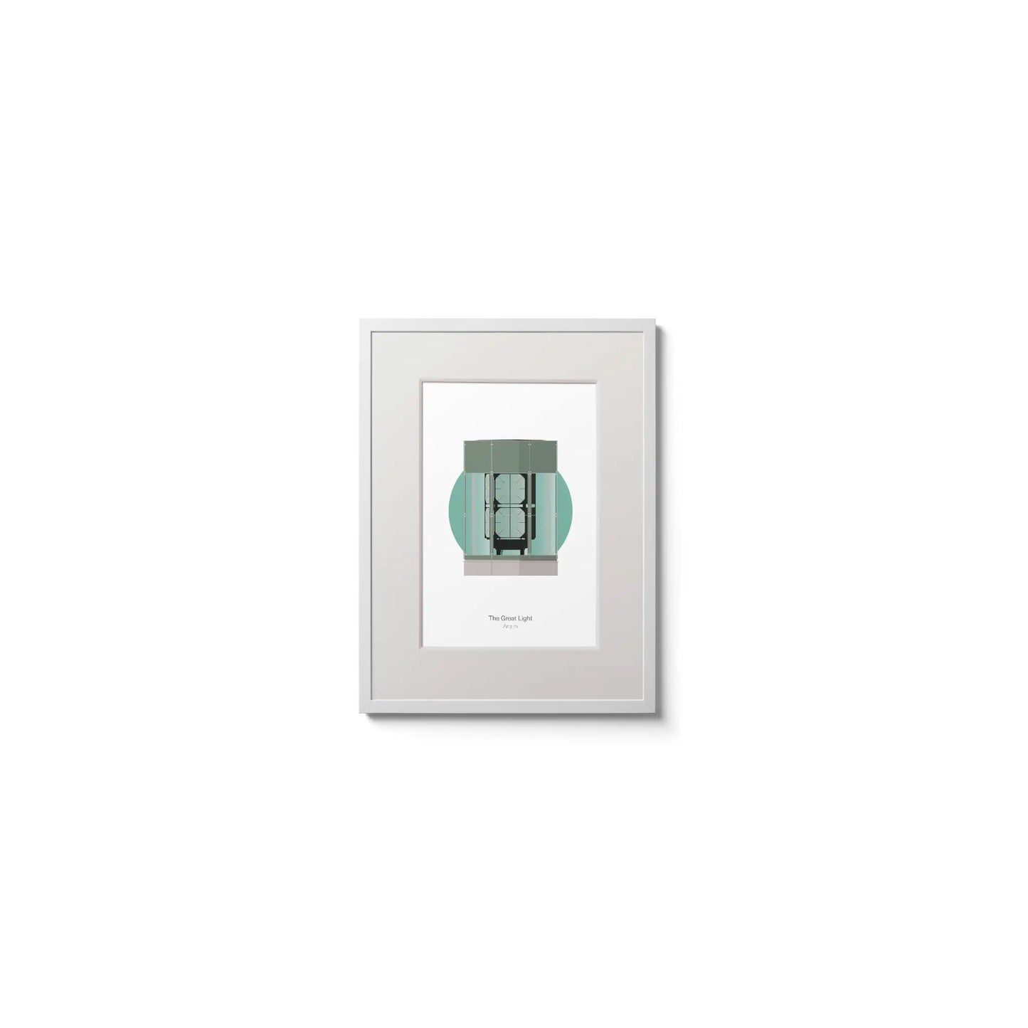 Contemporary wall hanging of The Great Light lighthouse on a white background inside light blue square,  in a white frame measuring 15x20cm.