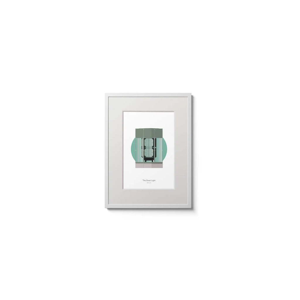 Contemporary wall hanging of The Great Light lighthouse on a white background inside light blue square,  in a white frame measuring 15x20cm.
