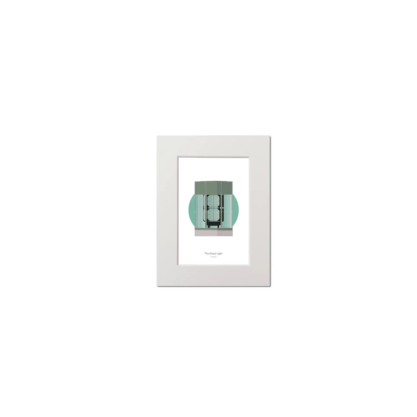 Contemporary graphic illustration of The Great Light lighthouse on a white background inside light blue square, mounted and measuring 15x20cm.