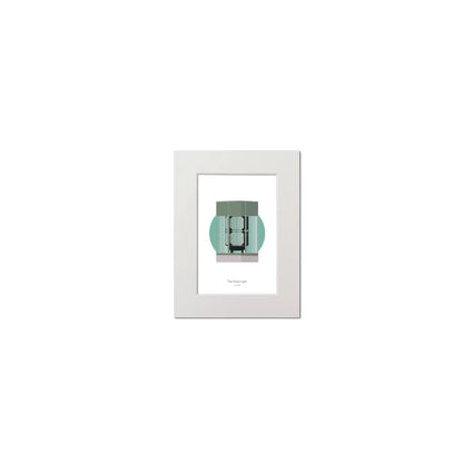 Contemporary graphic illustration of The Great Light lighthouse on a white background inside light blue square, mounted and measuring 15x20cm.