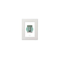 Contemporary graphic illustration of The Great Light lighthouse on a white background inside light blue square, mounted and measuring 15x20cm.