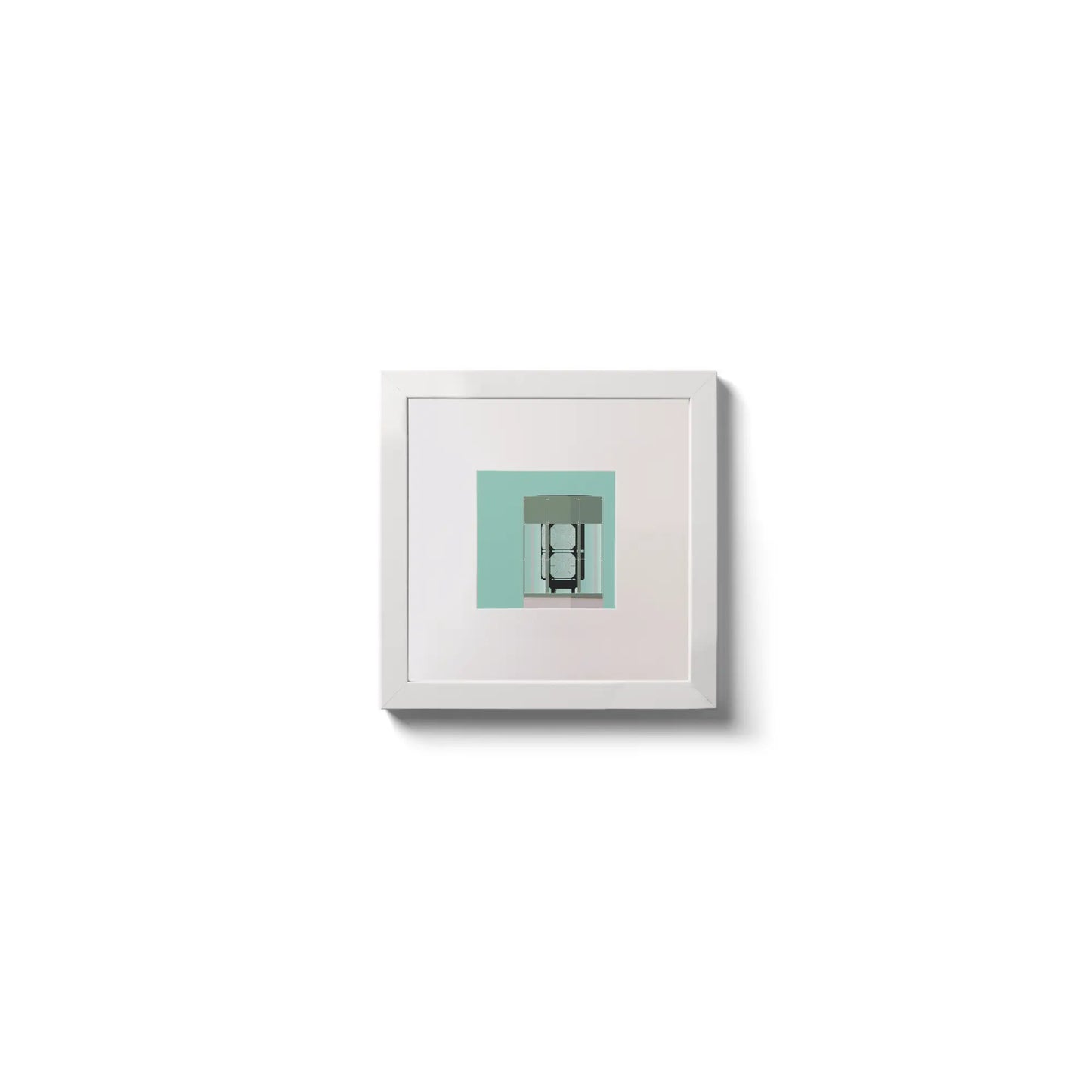Illustration  The Great Light lighthouse on an ocean green background,  in a white square frame measuring 10x10cm.