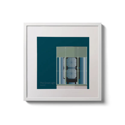 Framed wall art decoration  The Great Light lighthouse on a midnight blue background,  in a white square frame measuring 20x20cm.