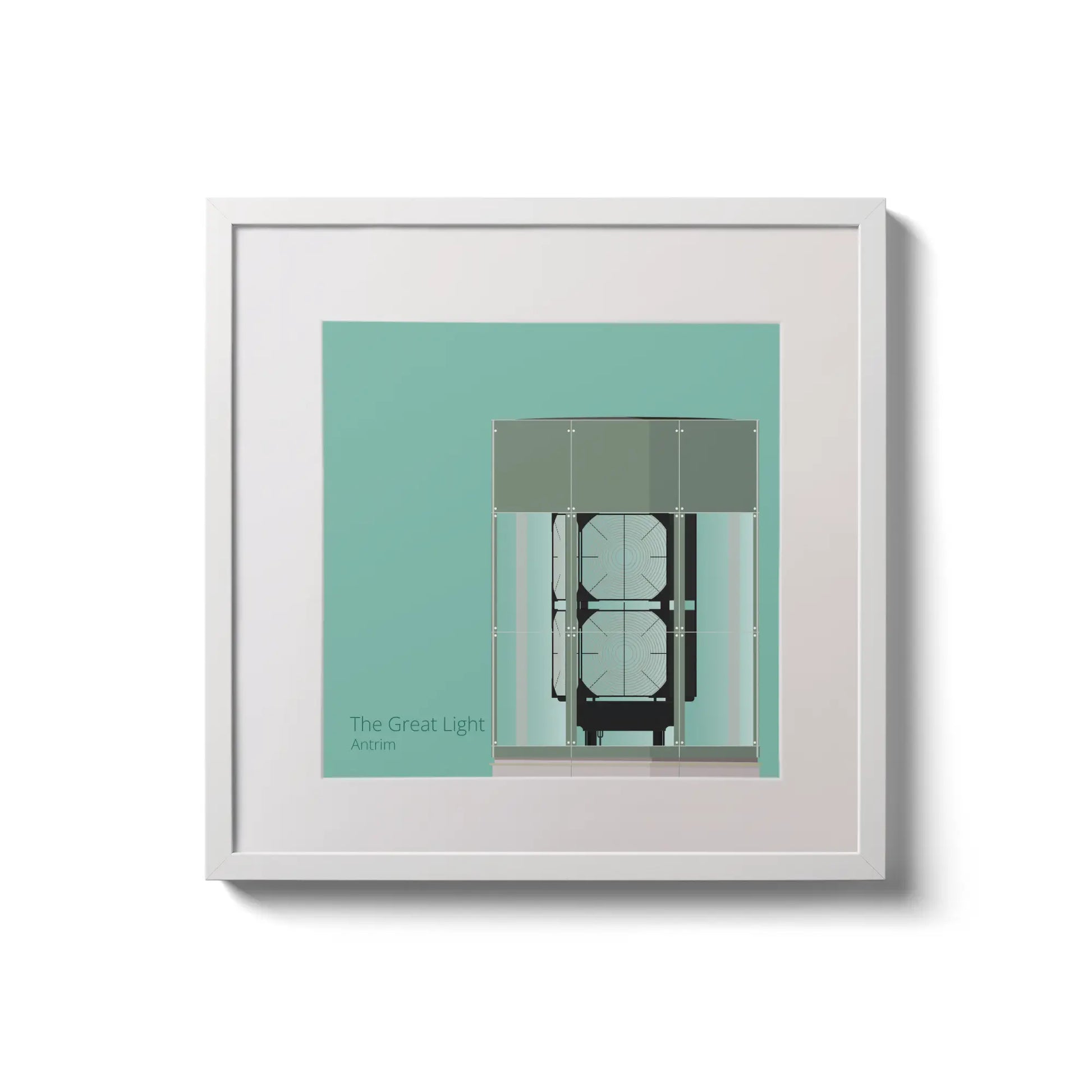Contemporary wall hanging  The Great Light lighthouse on an ocean green background,  in a white square frame measuring 20x20cm.