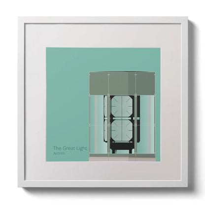 Illustration  The Great Light lighthouse on an ocean green background,  in a white square frame measuring 30x30cm.