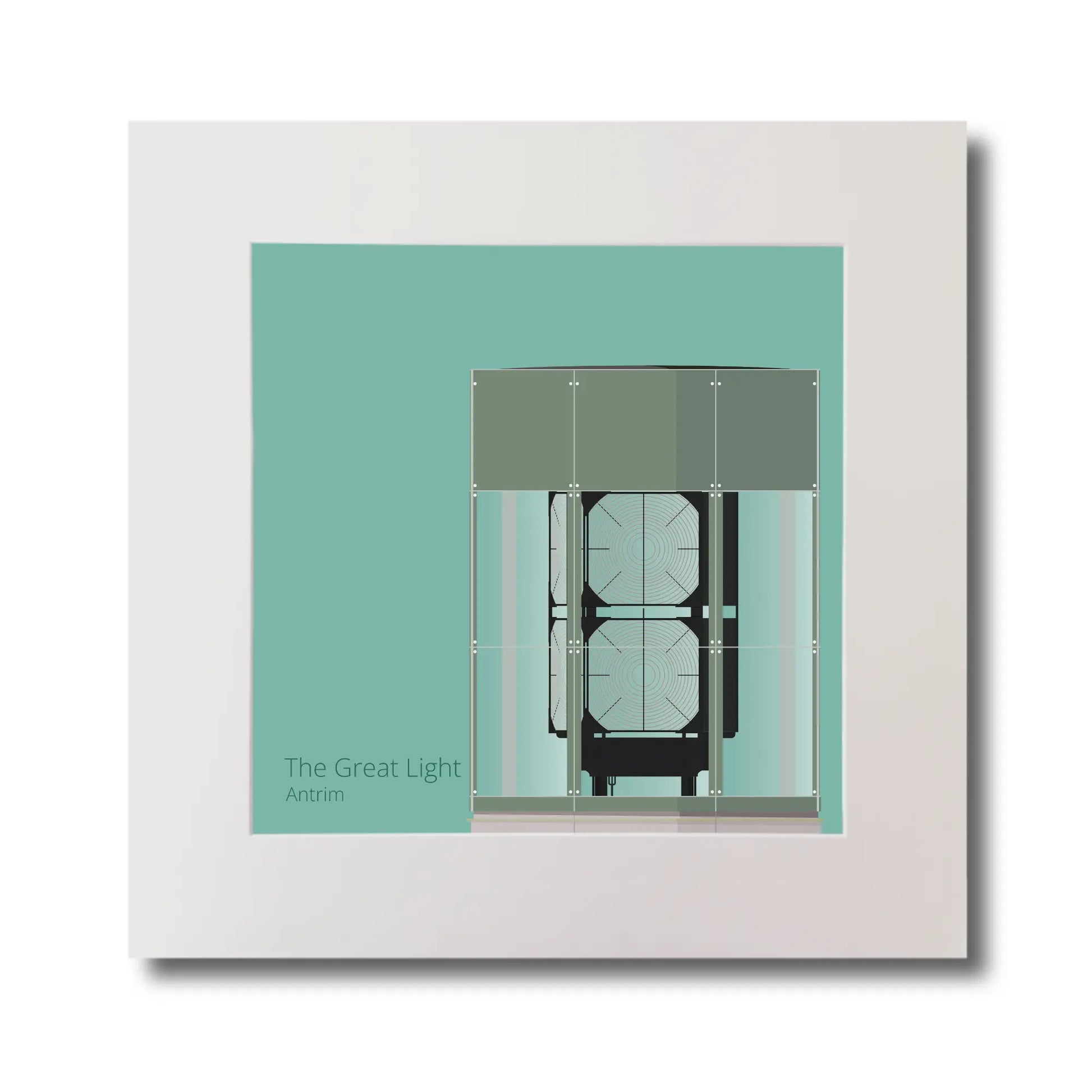 Illustration  The Great Light lighthouse on an ocean green background, mounted and measuring 30x30cm.