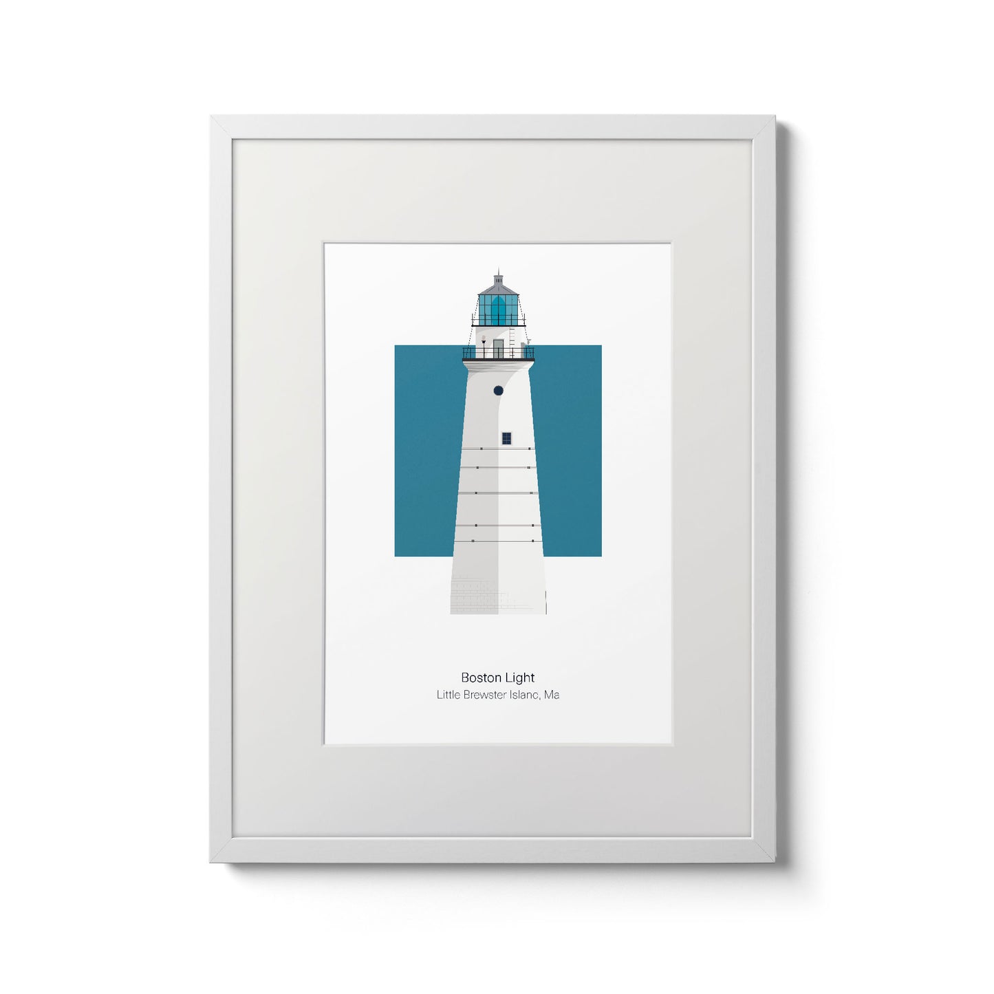 Illustration of the Boston Light, Massachusetts, USA. On a white background with aqua blue square as a backdrop., in a white frame  and measuring 11"x14" (30x40cm).