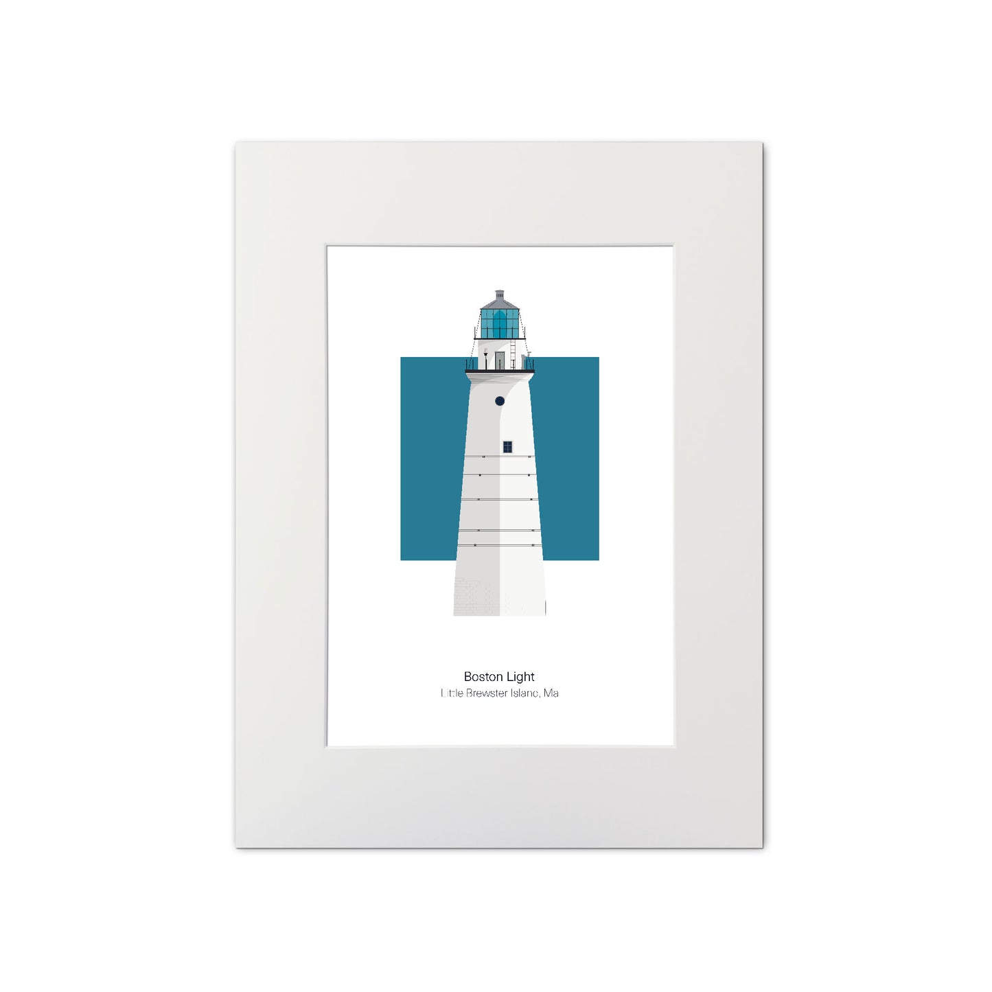 Illustration of the Boston Light, Massachusetts, USA. On a white background with aqua blue square as a backdrop., mounted and measuring 11"x14" (30x40cm).