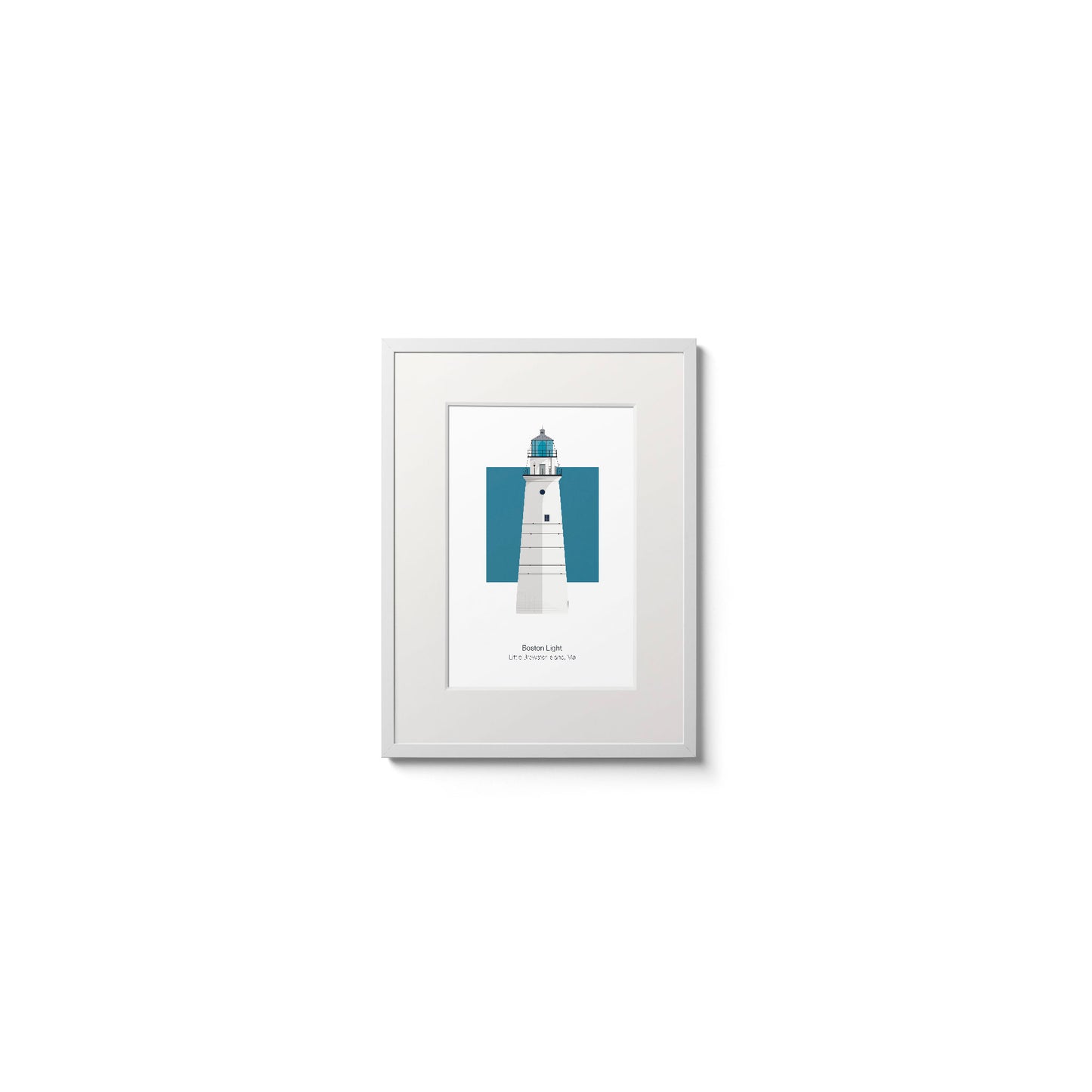 Illustration of the Boston Light, Massachusetts, USA. On a white background with aqua blue square as a backdrop., in a white frame  and measuring 6"x8" (15x20cm).