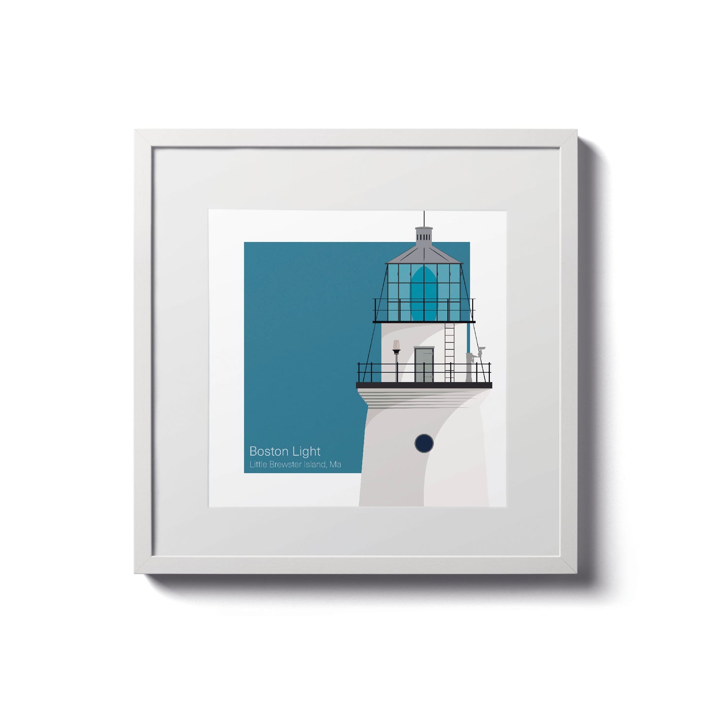Illustration of the Boston Light lighthouse on Little Brewster Island, Boston, MA, USA. On a white background with aqua blue square as a backdrop., in a white frame  and measuring 8"x8" (20x20cm).