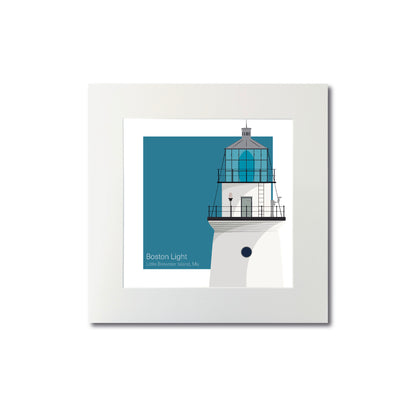 Illustration of the Boston Light lighthouse on Little Brewster Island, Boston, MA, USA. On a white background with aqua blue square as a backdrop., mounted and measuring 8"x8" (20x20cm).