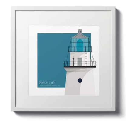 Illustration of the Boston Light lighthouse on Little Brewster Island, Boston, MA, USA. On a white background with aqua blue square as a backdrop., in a white frame  and measuring 12"x12" (30x30cm).