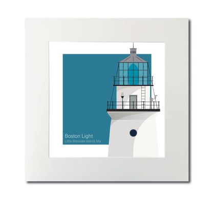 Illustration of the Boston Light lighthouse on Little Brewster Island, Boston, MA, USA. On a white background with aqua blue square as a backdrop., mounted and measuring 12"x12" (30x30cm).