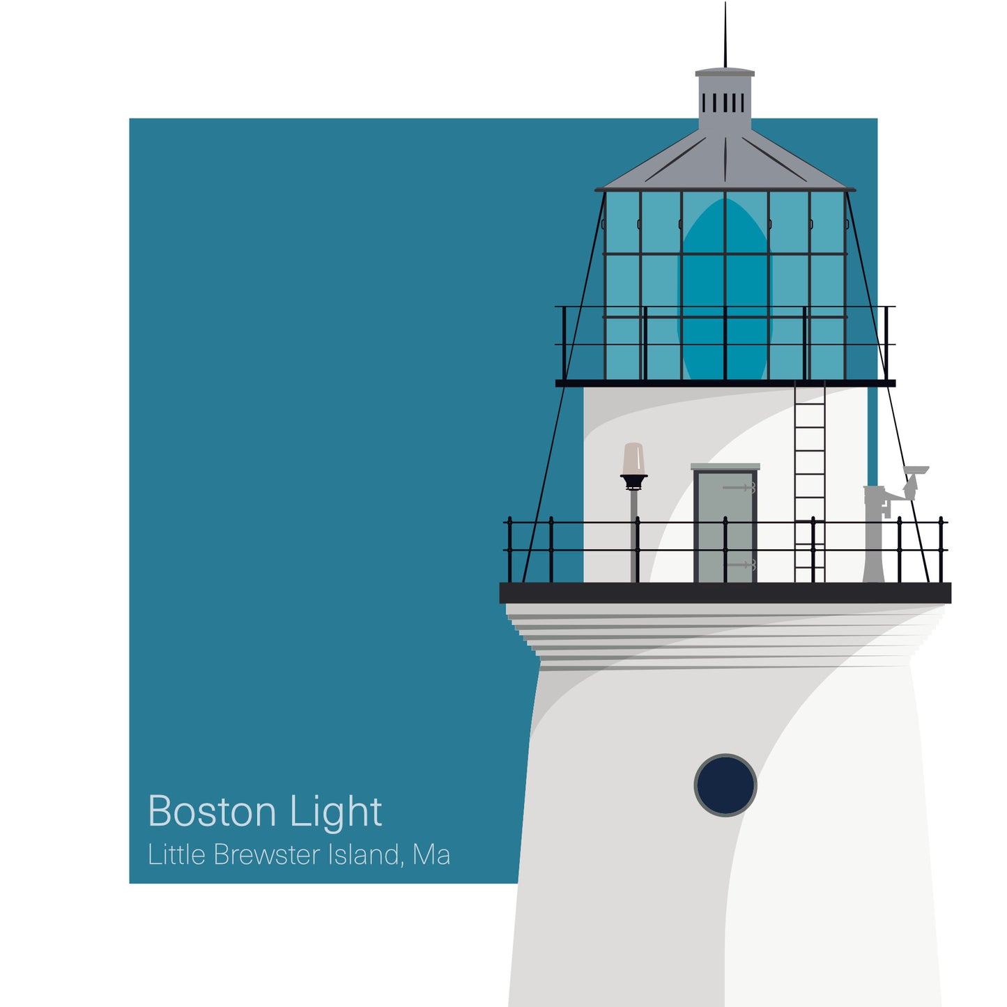 Illustration of the Boston Light lighthouse on Little Brewster Island, Boston, MA, USA. On a white background with aqua blue square as a backdrop.