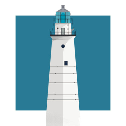 Illustration of the Boston Light, Massachusetts, USA. On a white background with aqua blue square as a backdrop.