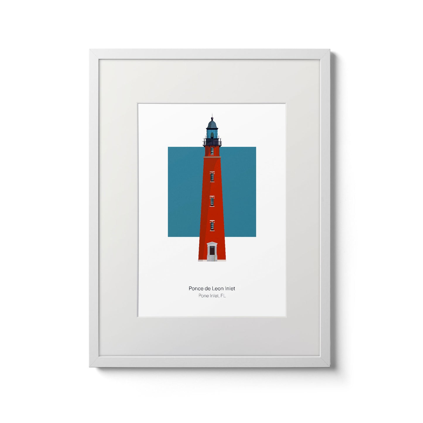 Illustration of the Ponce de Leon Inlet lighthouse, Florida, USA. On a white background with aqua blue square as a backdrop., in a white frame  and measuring 11"x14" (30x40cm).