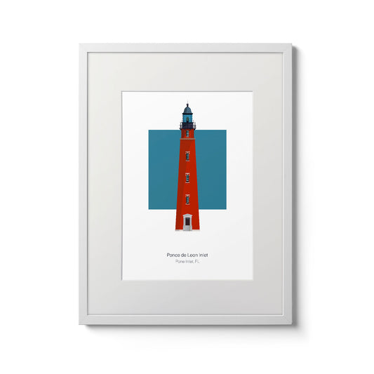 Illustration of the Ponce de Leon Inlet lighthouse, Florida, USA. On a white background with aqua blue square as a backdrop., in a white frame  and measuring 11"x14" (30x40cm).