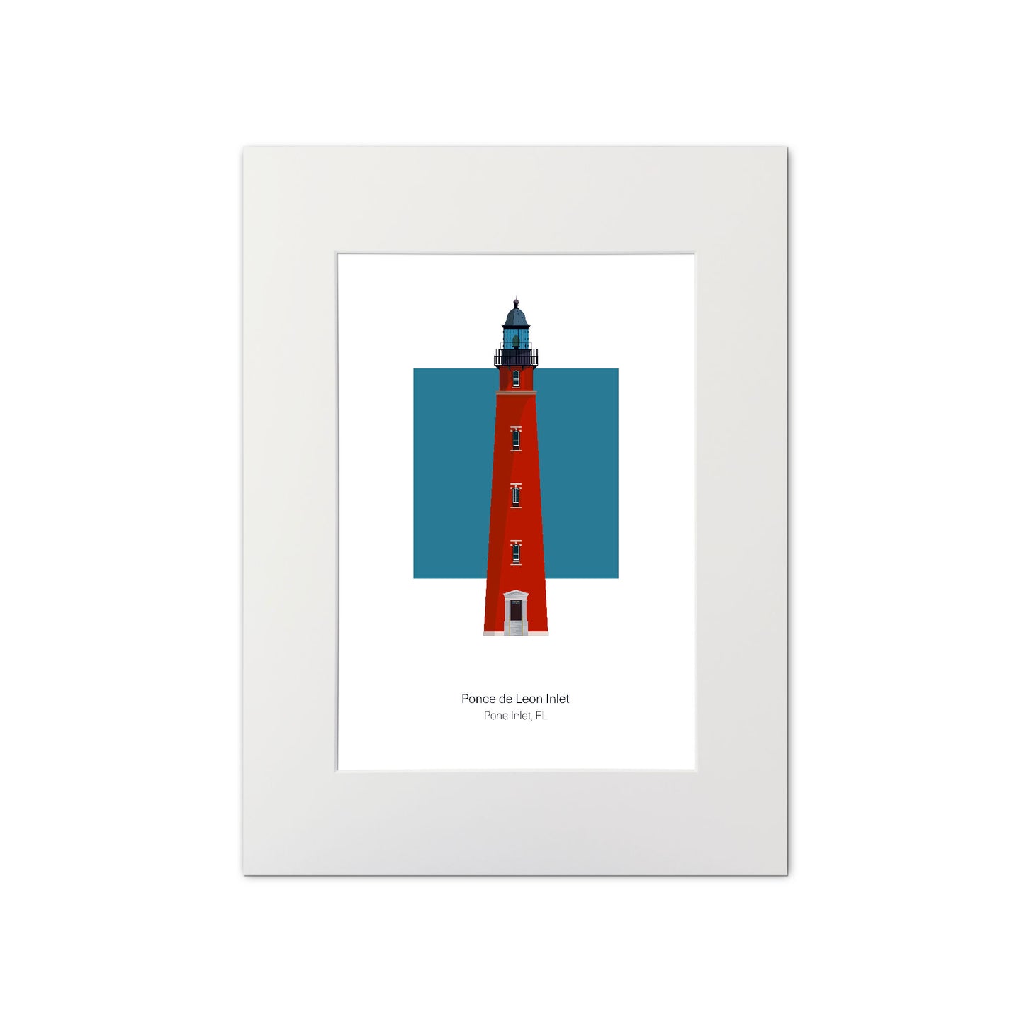 Illustration of the Ponce de Leon Inlet lighthouse, Florida, USA. On a white background with aqua blue square as a backdrop., mounted and measuring 11"x14" (30x40cm).