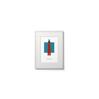Illustration of the Ponce de Leon Inlet lighthouse, Florida, USA. On a white background with aqua blue square as a backdrop., in a white frame  and measuring 6"x8" (15x20cm).