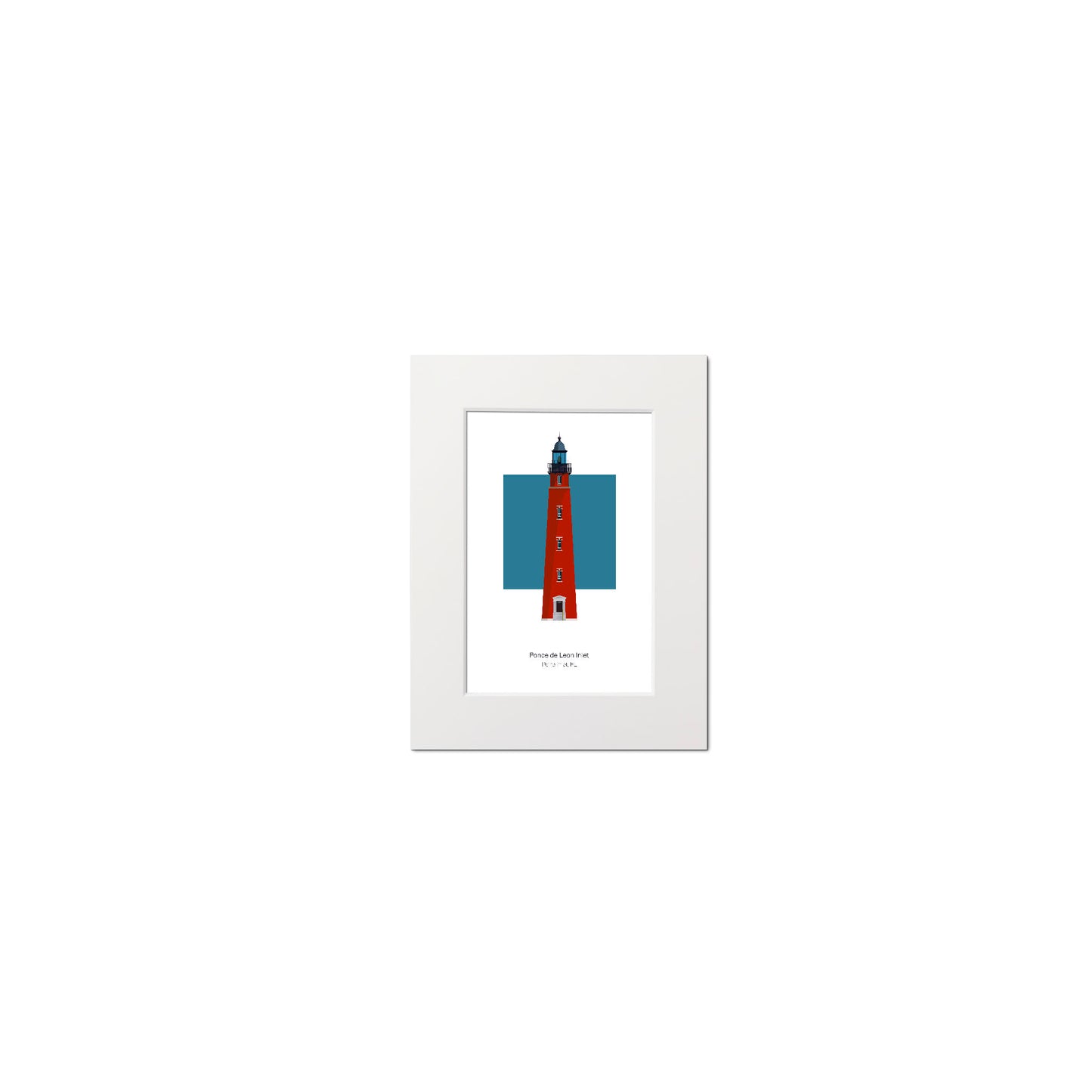 Illustration of the Ponce de Leon Inlet lighthouse, Florida, USA. On a white background with aqua blue square as a backdrop., mounted and measuring 6"x8" (15x20cm).