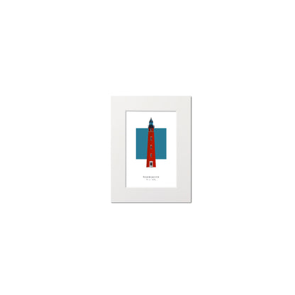 Illustration of the Ponce de Leon Inlet lighthouse, Florida, USA. On a white background with aqua blue square as a backdrop., mounted and measuring 6"x8" (15x20cm).