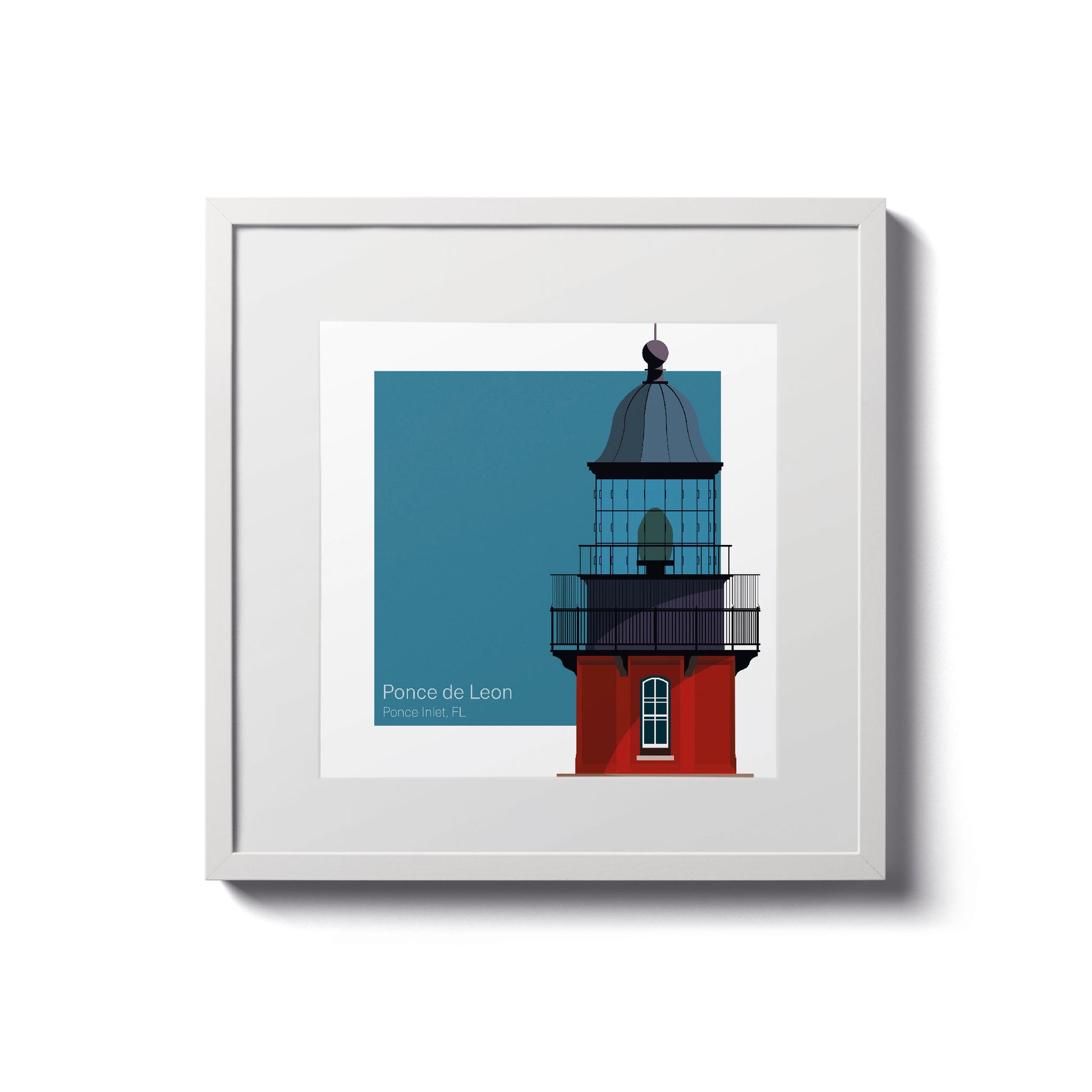 Illustration of the Ponce de Leon Inlet lighthouse, FL, USA. On a white background with aqua blue square as a backdrop., in a white frame  and measuring 8"x8" (20x20cm).