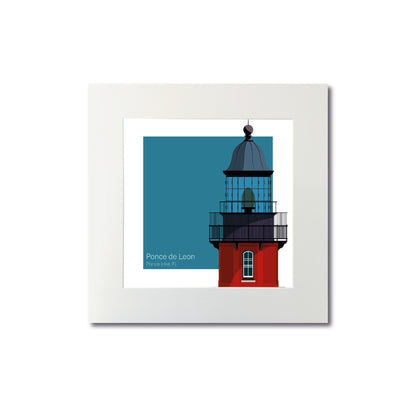 Illustration of the Ponce de Leon Inlet lighthouse, FL, USA. On a white background with aqua blue square as a backdrop., mounted and measuring 8"x8" (20x20cm).