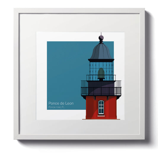 Illustration of the Ponce de Leon Inlet lighthouse, FL, USA. On a white background with aqua blue square as a backdrop., in a white frame  and measuring 12"x12" (30x30cm).