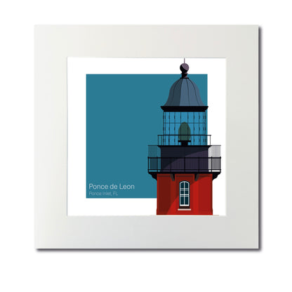 Illustration of the Ponce de Leon Inlet lighthouse, FL, USA. On a white background with aqua blue square as a backdrop., mounted and measuring 12"x12" (30x30cm).