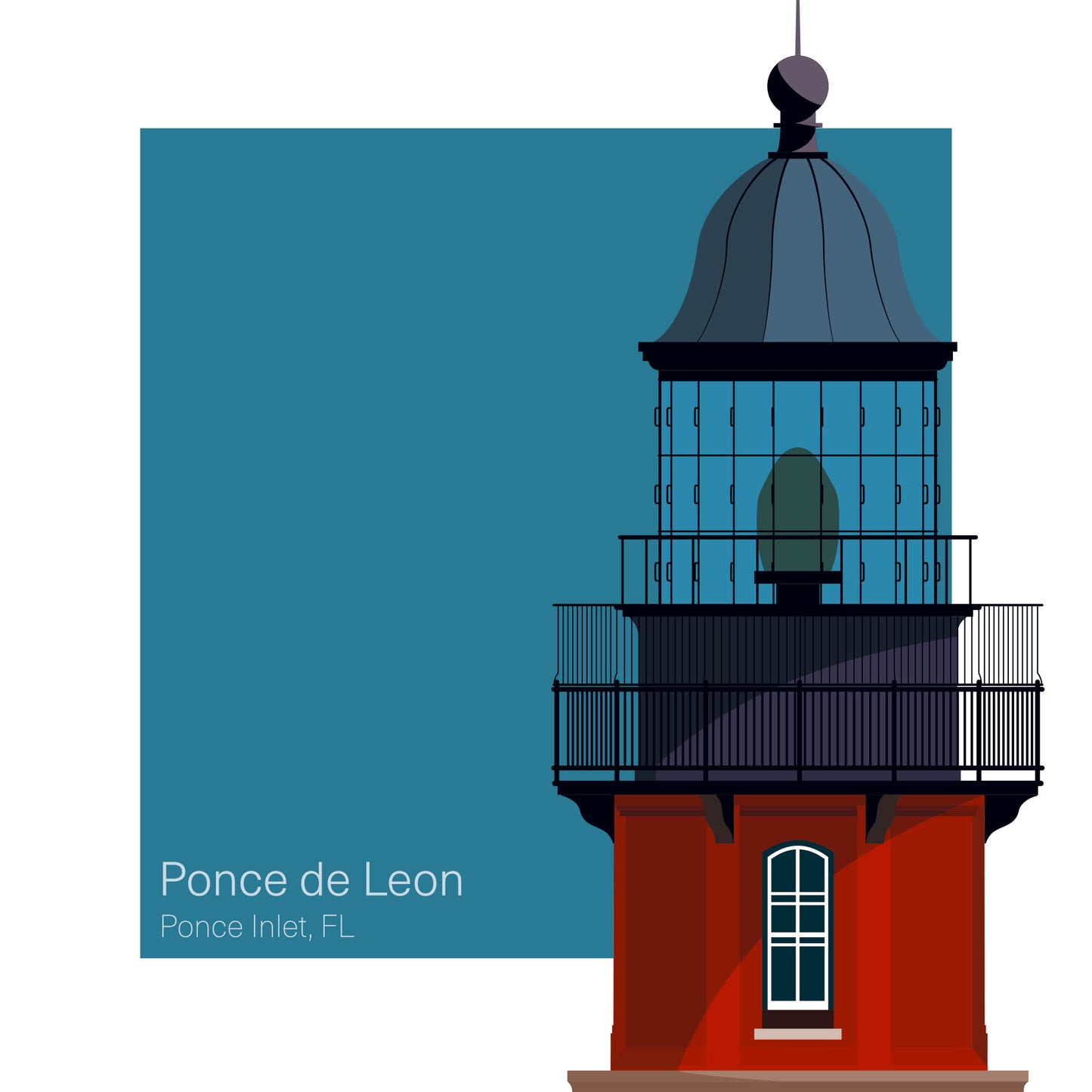 Illustration of the Ponce de Leon Inlet lighthouse, FL, USA. On a white background with aqua blue square as a backdrop.
