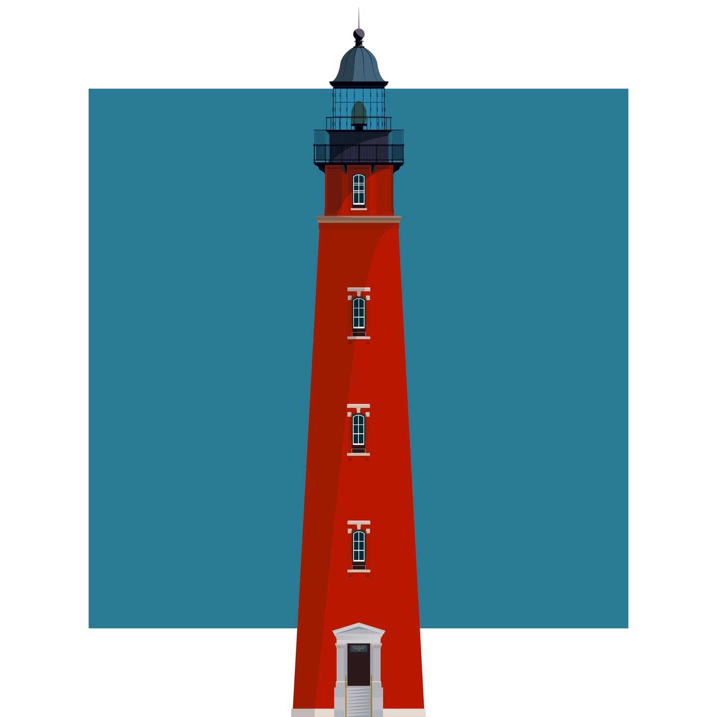 Illustration of the Ponce de Leon Inlet lighthouse, Florida, USA. On a white background with aqua blue square as a backdrop.