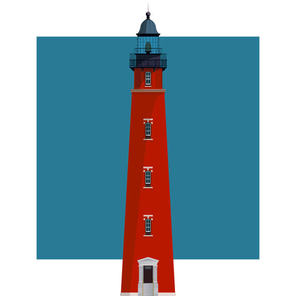 Illustration of the Ponce de Leon Inlet lighthouse, Florida, USA. On a white background with aqua blue square as a backdrop.
