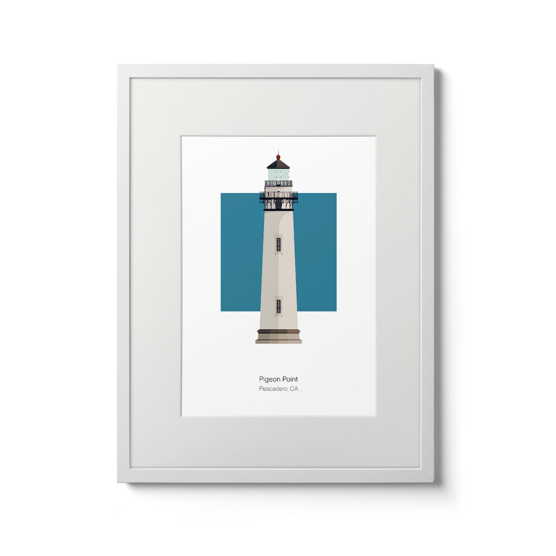 Illustration of the Pigeon Point lighthouse, California, USA. On a white background with aqua blue square as a backdrop., in a white frame  and measuring 11"x14" (30x40cm).
