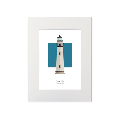 Illustration of the Pigeon Point lighthouse, California, USA. On a white background with aqua blue square as a backdrop., mounted and measuring 11"x14" (30x40cm).