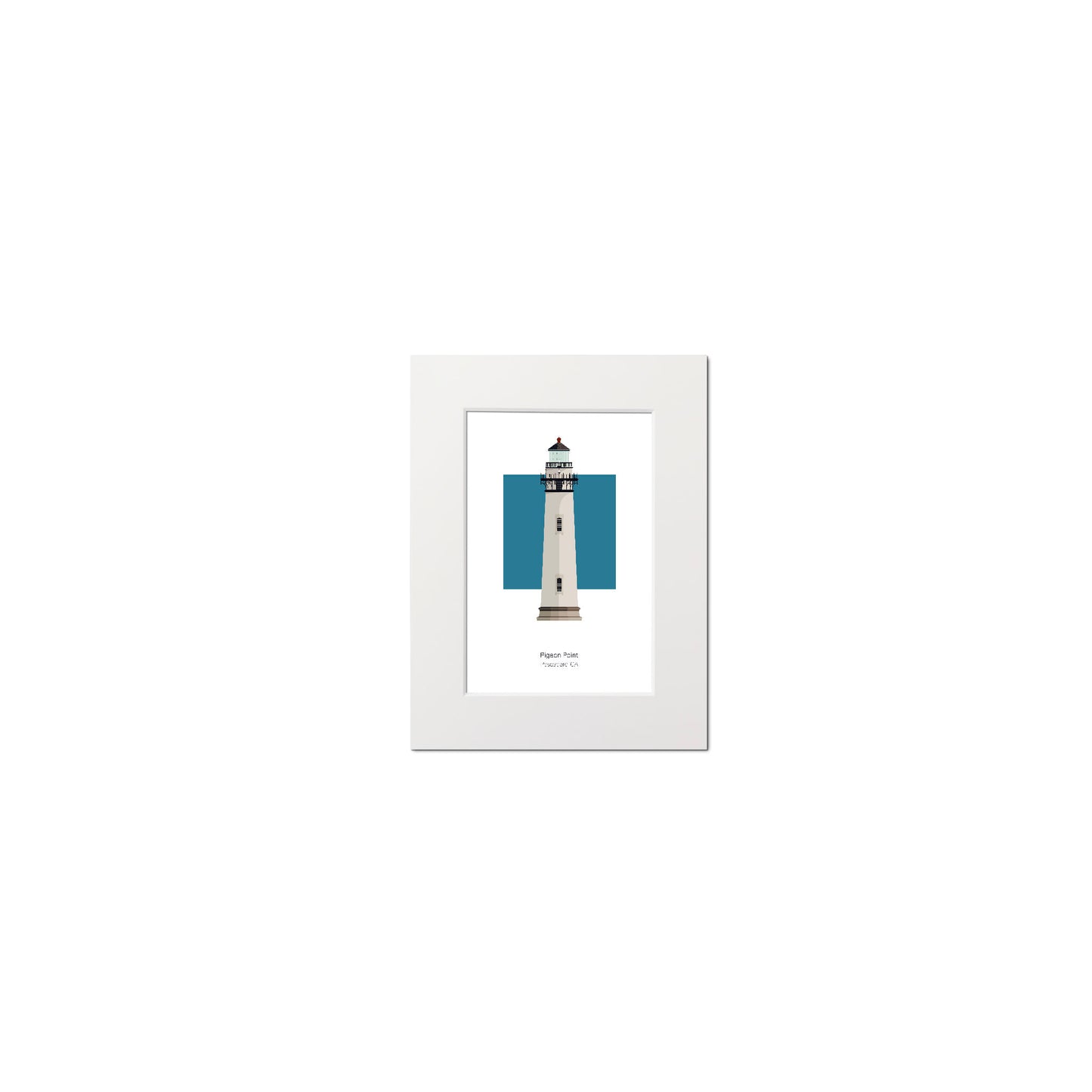 Illustration of the Pigeon Point lighthouse, California, USA. On a white background with aqua blue square as a backdrop., mounted and measuring 6"x8" (15x20cm).