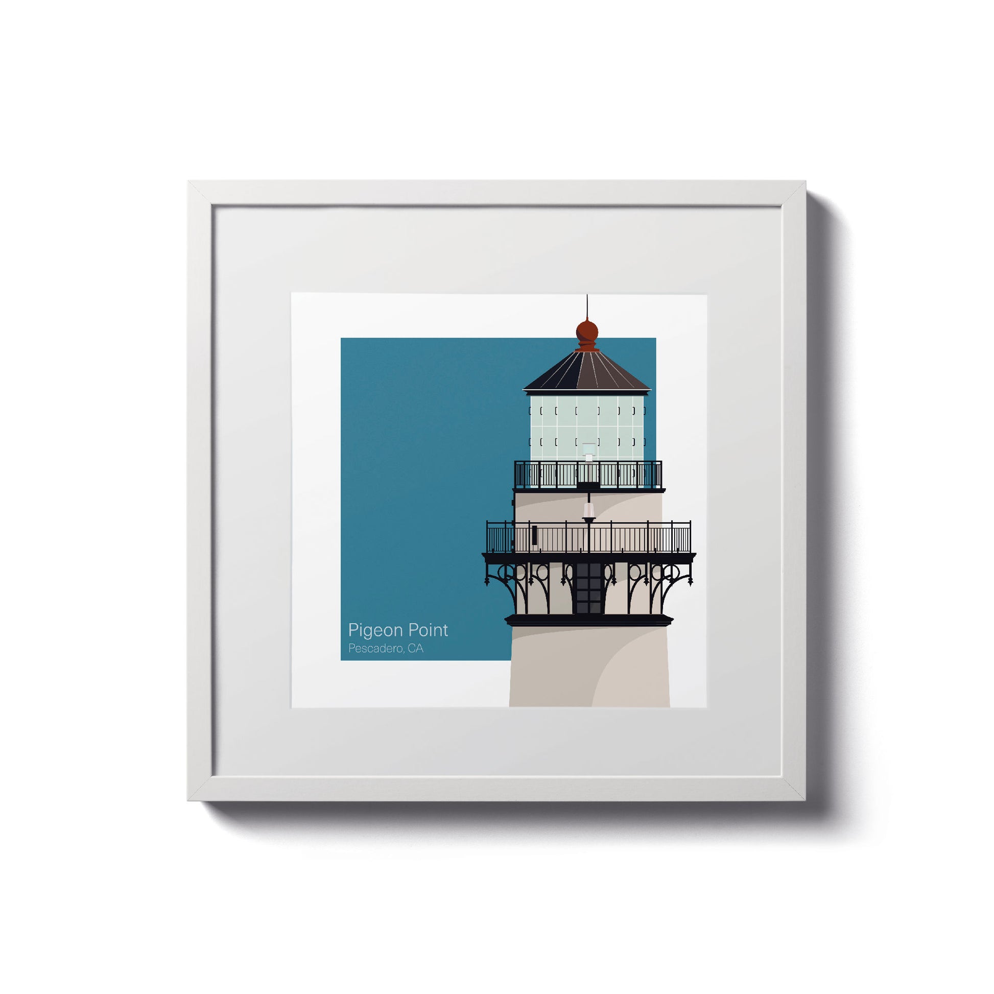 Illustration of the Pigeon Point lighthouse, CA, USA. On a white background with aqua blue square as a backdrop., in a white frame  and measuring 8"x8" (20x20cm).