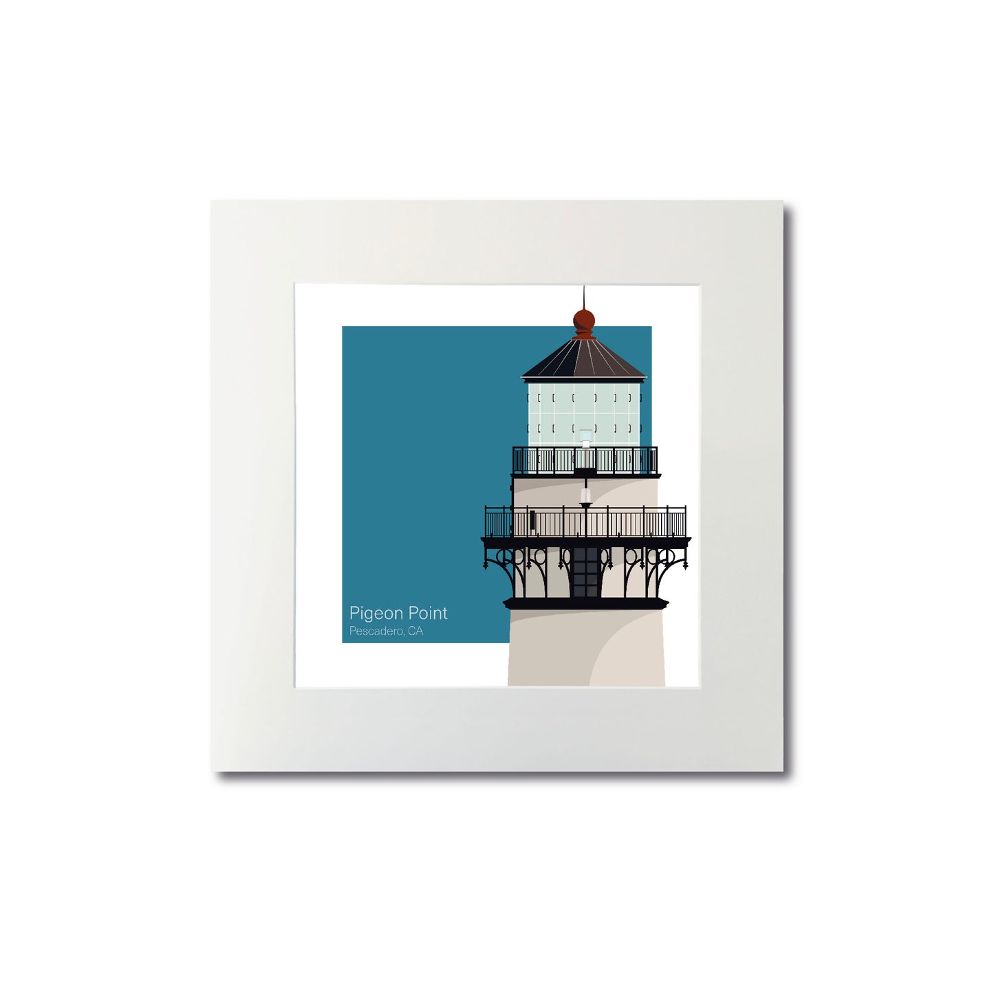 Illustration of the Pigeon Point lighthouse, CA, USA. On a white background with aqua blue square as a backdrop., mounted and measuring 8"x8" (20x20cm).