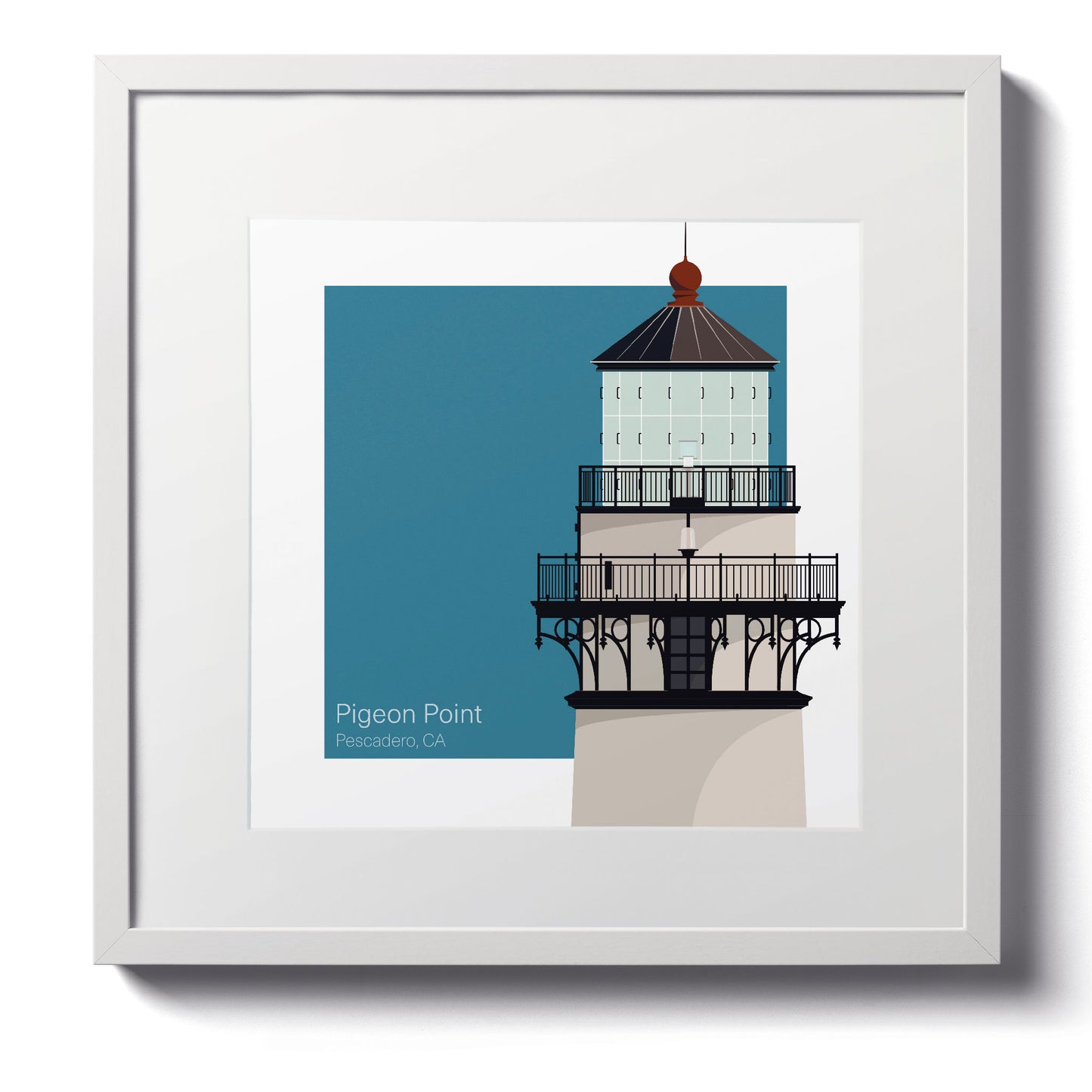 Illustration of the Pigeon Point lighthouse, CA, USA. On a white background with aqua blue square as a backdrop., in a white frame  and measuring 12"x12" (30x30cm).
