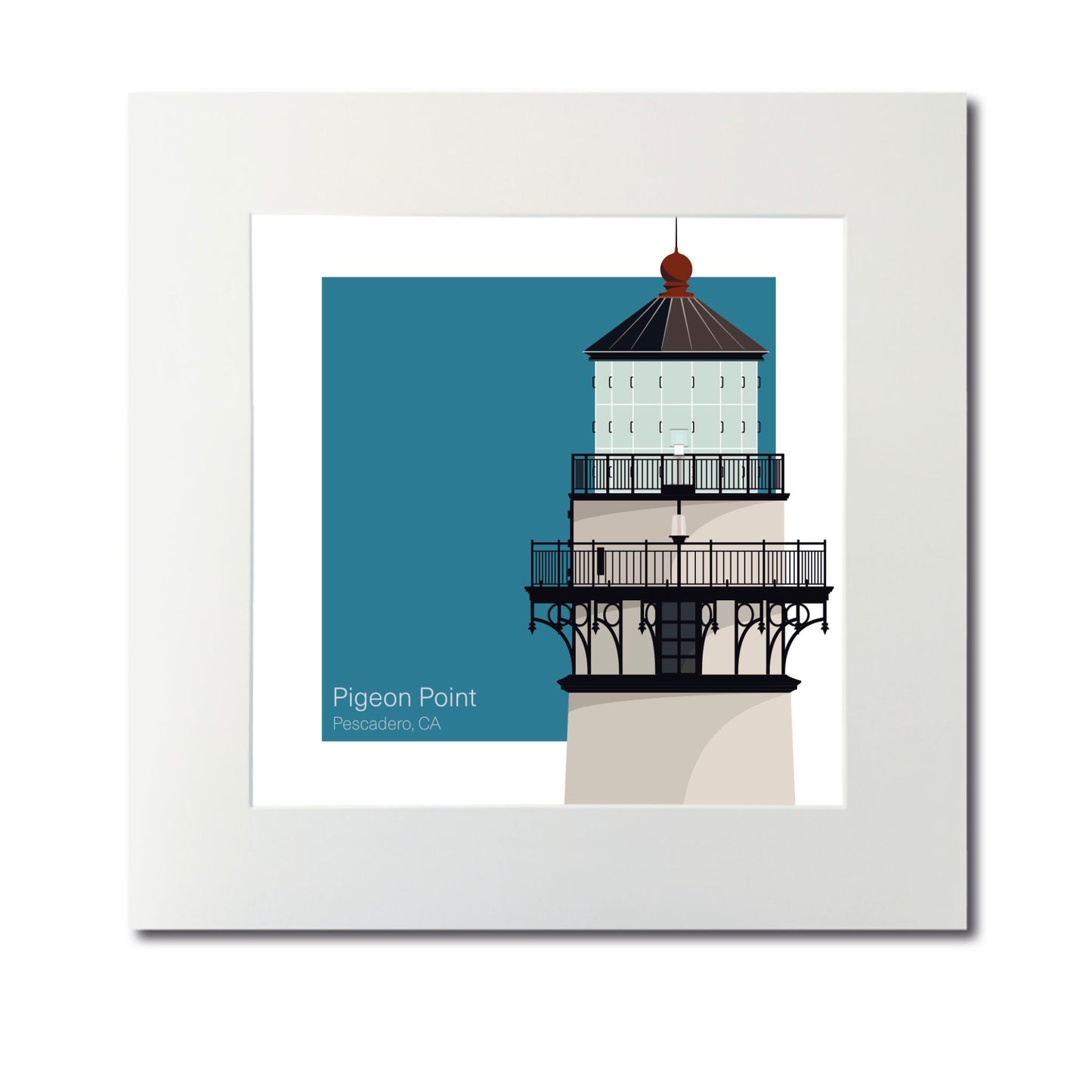 Illustration of the Pigeon Point lighthouse, CA, USA. On a white background with aqua blue square as a backdrop., mounted and measuring 12"x12" (30x30cm).