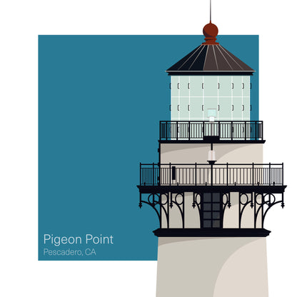 Illustration of the Pigeon Point lighthouse, CA, USA. On a white background with aqua blue square as a backdrop.