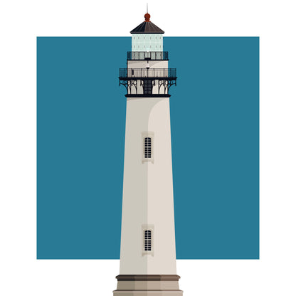 Illustration of the Pigeon Point lighthouse, California, USA. On a white background with aqua blue square as a backdrop.